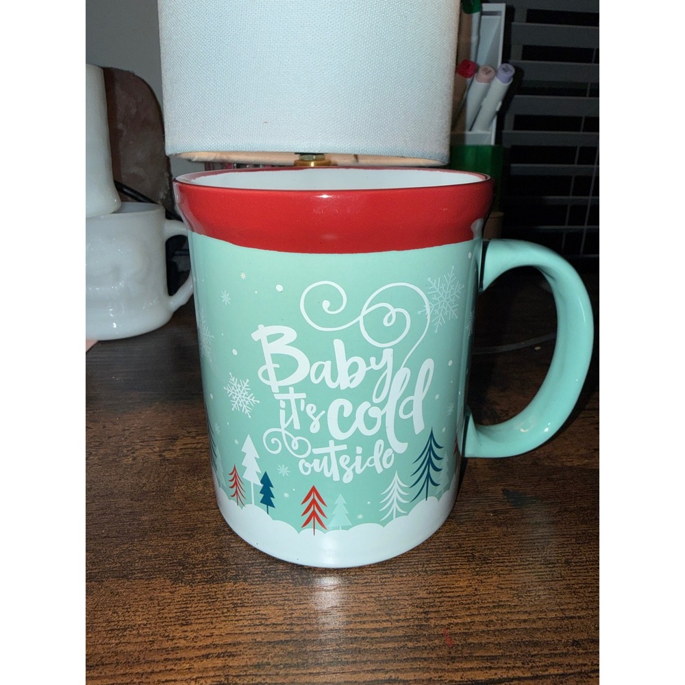 DesignPac Baby Its Cold Outside Christmas Coffee Mug Mint Green Red Rim Ceramic